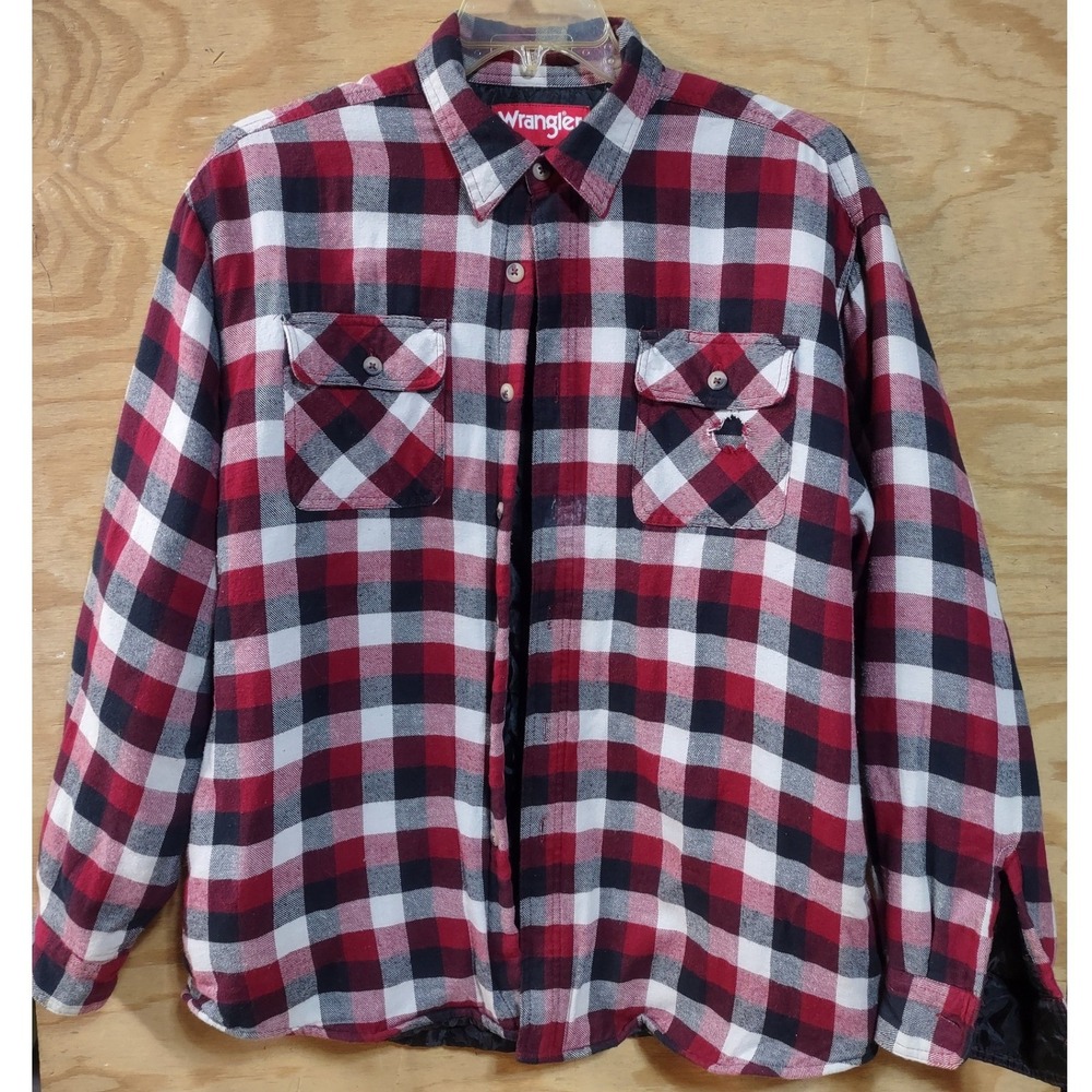Wrangler Mens Quilted Flannel Shirt Jacket Red Black Plaid Distressed Large